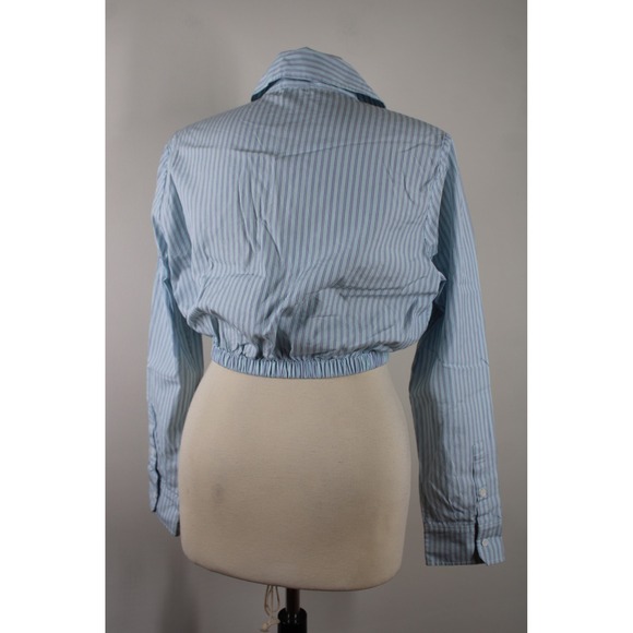 Maje Size M? Blue Striped Poplin Cropped Button Down Shirt Top Elastic Hem - Picture 4 of 10